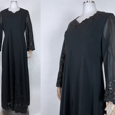 Vintage Timeless Long Black Maxi Dress w Sheer Sleeves & Intricate Floral Lattice Cut Outs by Lady Grace M | Gothic, Bridal, Funeral, A Line 