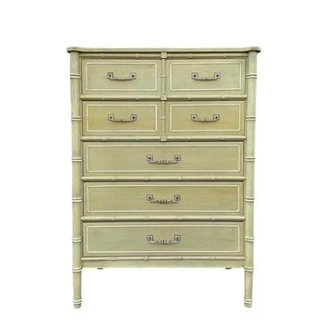 Henry Link Tallboy Dresser Chest of 5 Drawers - Vintage Sage Green Bali Hai Faux Bamboo Hollywood Regency Coastal Furniture 