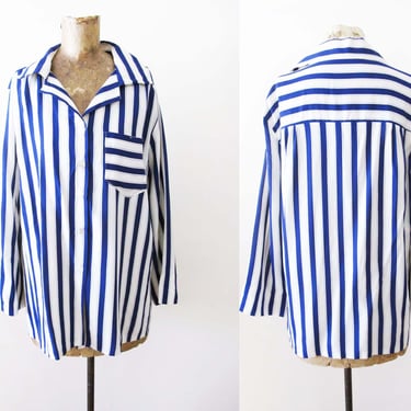 Vintage Blue Stripe Rayon Button Up Shirt M - Vertical Stripe Baggy Pajama Top 