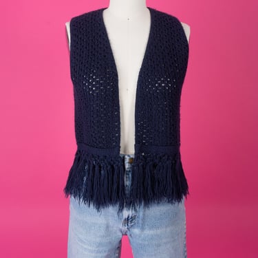 Vintage 70s Navy Blue Handknit Crochet Open-Front Vest with Fringe 