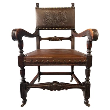 Impressive English 19th Century Oak Carved Armchair With Tooled Leather