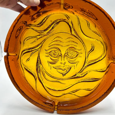 Vintage Blenko Glass Sun Face Amber Two-Tone Large Ashtray, No. 734, Retro Vintage Glass 