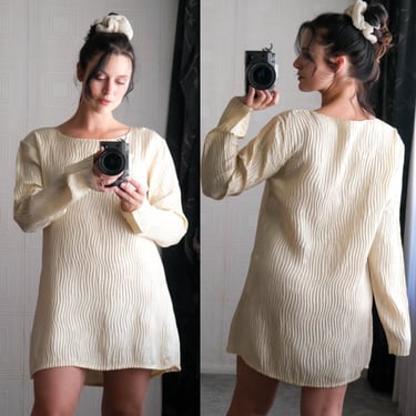 Vintage 80s MOSCHINO Couture Pearlescent Cream Wavy Silk Plisse Longline Blouse | Made in Italy | 1980s Italian Designer Blouse Dress 