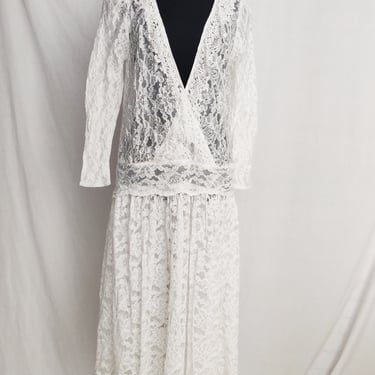 Vintage 80s Scott McClintock White Lace Overdress // Drop Waist Sheer Dress 