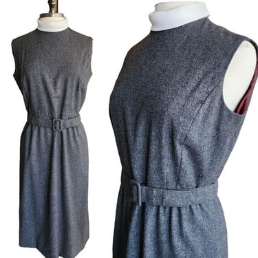 Vintage 60s Gray Wool Day Dress Belted Sleeveless Stephan Casuals 