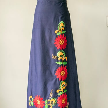 1970s Wrap Maxi Skirt Embroidered M / L 