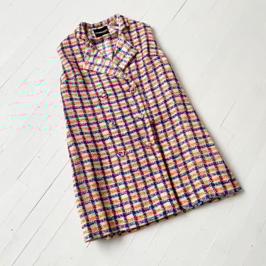 1960s Corrado Orange Blue Wool Blend Vest – Double-Breasted Plaid with Back Panel, M/L Vintage 