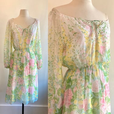Lovely 70s Vintage SHEER Floral Dress + Slip / Tie Neckline + Off Shoulder Option / LESLIE FAY 