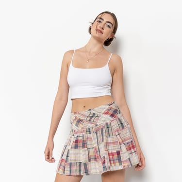 LOW RISE PATCHWORK Mini Skirt Gathered Vintage Lightweight Cotton Plaid / 40 Inch Hips / Size 8 9 