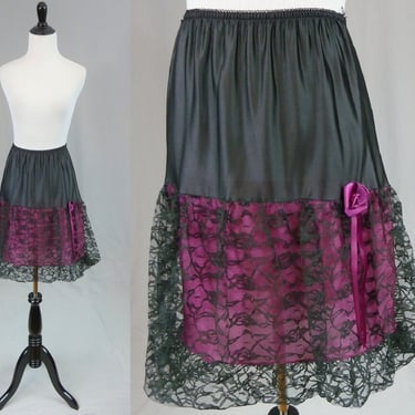 80s Punky Skirt Slip - Black and Magenta with Lace Puff - Undercover Wear - Vintage 1980s Half Slip - S 