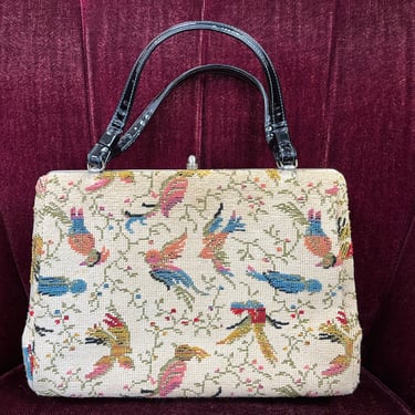 1950s bird needlepoint handbag vintage birds tapestry purse 