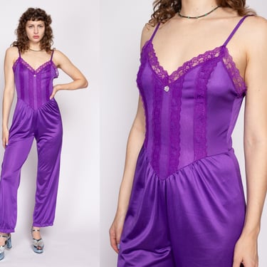 70s Purple Lace Lingerie Jumpsuit - Medium | Vintage Sexy Boudoir Loungewear Pajama One Piece Outfit 