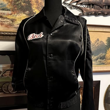 Vintage Lightweight Black Silk Bomber Jacket Women’s XS “Bitch” Patch 