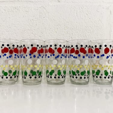 Vintage Polka Dot Jeanette Glasses Set of 5 Colorful Pattern Rainbow Primary Colors Highball Glass Barware Drinkware NOS Deadstock 1950s 