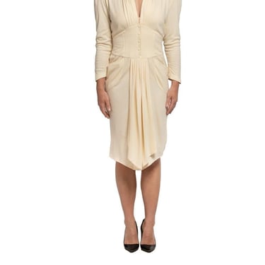 1980S THIERRY MUGLER Cream Wool Blend Jersey Sleeved Dress With Pockets 