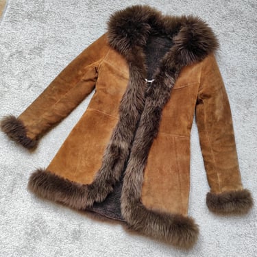 Vintage 70s Penny Lane Coat Real Suede Leather, 1970s Penny Lane Afghan Coat with fur trim, 1970's Suede Coat with Fur, 70's Fur Coat 