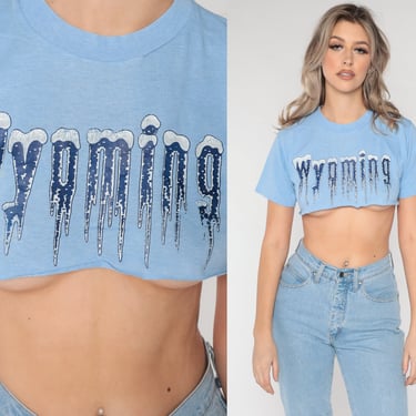 Wyoming Crop Top 80s Cutoff Shirt Retro TShirt Vintage T Shirt Baby Blue Travel Tee Icicle Graphic Print US State 1980s Cropped Small 