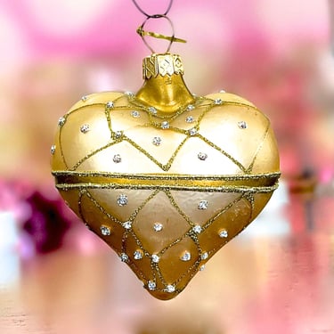 VINTAGE: Small Glass Heart Ornament - Christmas Ornament - Gold Heart 