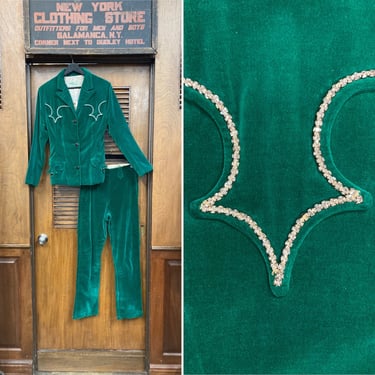 Vintage 1960’s “Tregos” Green Velvet Western Cowgirl Glam Mod Rhinestone Stage Outfit Jacket Pants Set, Pant Suit, Western, Cowgirl, 1960’s 