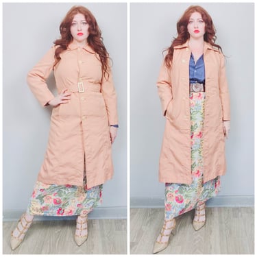 1970s Vintage Misty Harbor Apricot Dacron Polyester Jacket / 70s / Seventies Peter Pan Collar Belted Peach Trench Coat / Size Large 