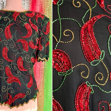 Fabulous Beaded Top, Chili Peppers, Silk, All Over Beads Sequins, Scala, Vintage 80s 90s 