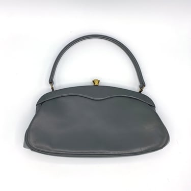 Vintage 1950s Gray Leather Handbag, Mid-Century Top Handle Purse 