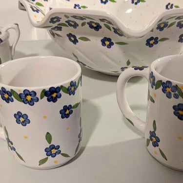 2 Coffee Mugs or Tea Cups~ Portugal Pottery~  Purple Violets, Yellow Dot, Bright White Ceramic Kitchen Dishware~ Vintage Hand Painted 