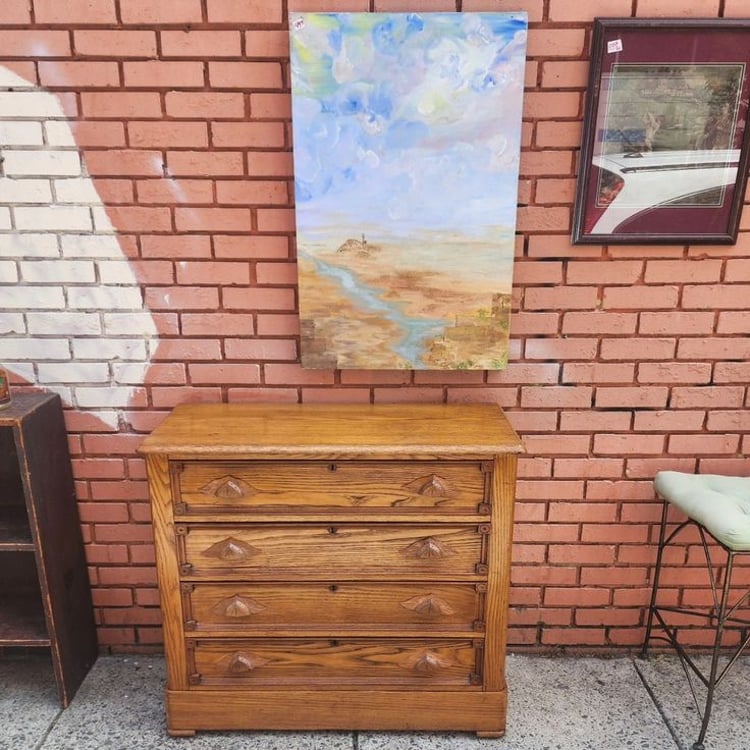 Rustic Four Drawer Dresser. Eastlake hints; solid Wood, probably Chestnut. Carved pulls. 35x19x34"