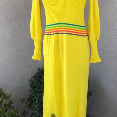 Vintage Mod maxi dress yellow wool knit neon yarn peekaboo holes accents by Banff Gianni Ferri sz M 