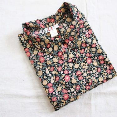 Vintage 90s Grunge Floral Blouse M L - 1990s Open Slit Back Earthtone Flower Print Collared Short Sleeve Button Up 