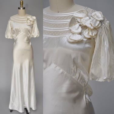 1930s ivory satin wedding dress with puffed sleeves XS 