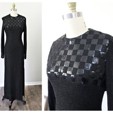 Vintage 1960s 70s  I MAGNIN Couture MOD Knit Checker Board Sequin Hollywood Glamour Maxi Dress // US 4 6 