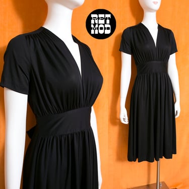 Flattering Sexy Vintage 70s Black Drapey Mid-Length Dress 