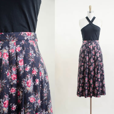 black floral pleated skirt | 80s 90s vintage Laura Ashley black pink romantic floral cottagecore dark academia midi skirt 