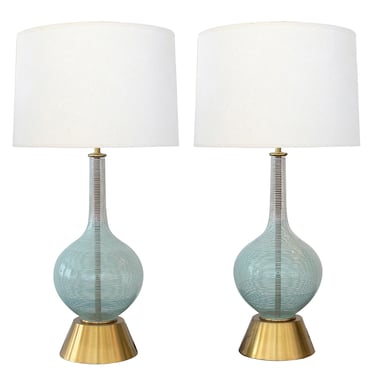 Pair Mid-century Hand-blown Bottle-form Glass Lamps with Striated Decoration