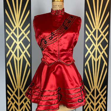 1950s dance costume, burlesque, novelty print, vintage costume, 3 piece set, musical notes, mini skirt, vet and high waist short, pin up, 27 