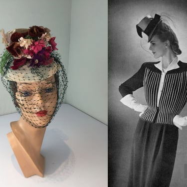 Standing on High - Vintage 1940s Light Beige Taupe Felt StoveTop Hat w/Velvet Florals Veil 