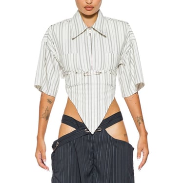 V CUT OPEN BACK SHORT SLEEVE COLLARED SHIRT IN WHITE PIN STRIPE SUITING
