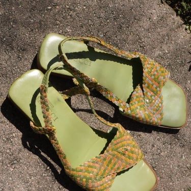 Size 8.5 Sandals / Vintage 90's y2k Woven Leather Sandals / Multi Colored Leather 