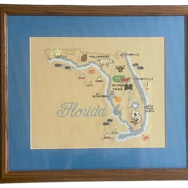 Vintage 1980s Framed + Matted State of Florida Cross Stitch 