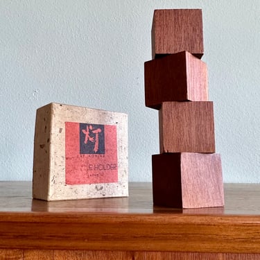MCM Shigemichi Aomine teak cube candleholders, set of 4 in box / midcentury Japanese wooden block candle holders 