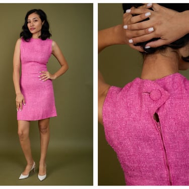 Vintage 1960s 60s Hot Pink Barbie Pencil Silhouette Mini Dress w/ Classic Button Detail 