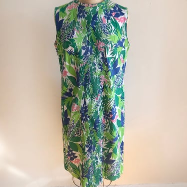 Bright Green Tropical Print Shift Dress - 1970s 