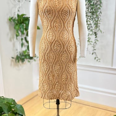 Vintage 1950s Dress | 50s Soutache Ribbon Knit Tan Beige Wiggle Sheath Sweater Cocktail Dress | small/medium 