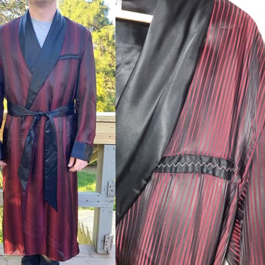 Vintage 50s Deadstock Mens Red Striped Smoking Jacket Dressing Robe Size L 