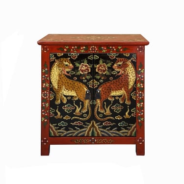 Tibetan Oriental Red Black Jaguars End Table Nightstand cs7747E 