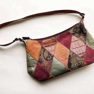 1980s Leather Patchwork Purse l 80s Patchwork Brown Leather Handbag | Fossil 