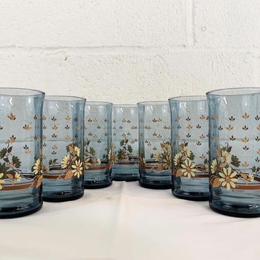 Vintage Blue Daisy Drinking Glasses Libbey Iced Tea Water Dusky Blue Tumblers Set of 7 Retro Glass Barware Cocktail 1970s 