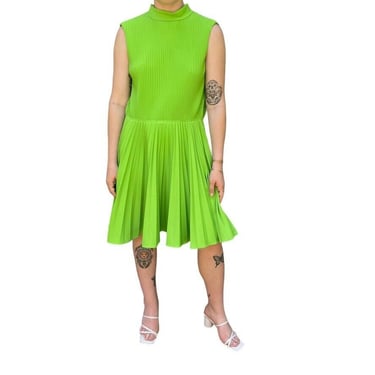 Vintage 1960s Womens Burt Stanley Lime Green Pleated Retro Mid Mod Mini Dress 