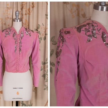 1930s Jacket - The Veronas Top - Late 30s Peaked Sleeve Rose Pink Cotton Velveteen Blouse with Bead and Gelatin Sequins 